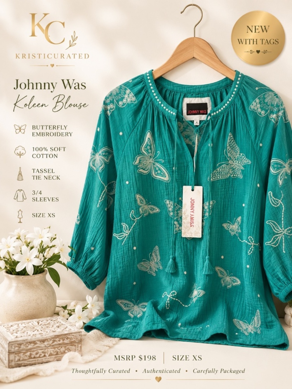 Johnny Was Koleen Butterfly Embroidered Cotton Blouse XS NWT MSRP $198